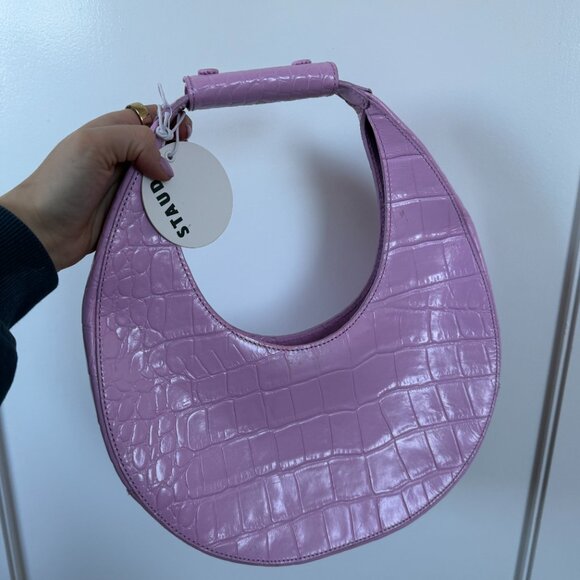 NWT Staud Top Handle Moon Bag In Lilac Croco Embossed Leather Crescent Shape - Picture 1 of 9